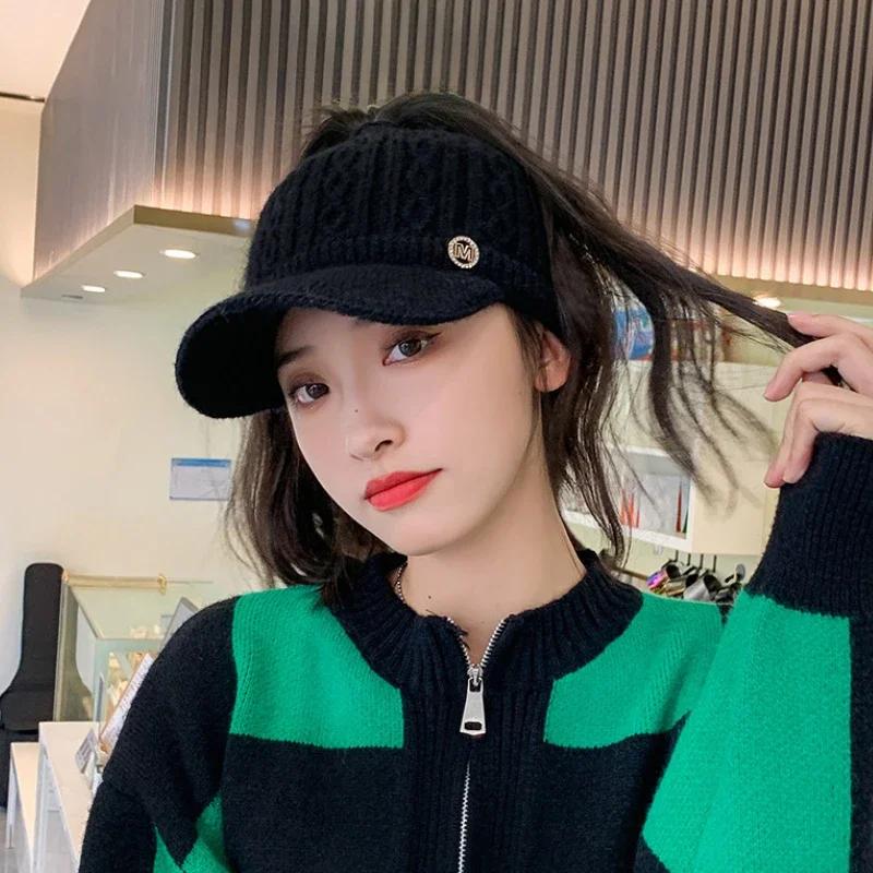 Winter Knitted Earflap Hat for Women Fashion Warm Baseball Cap with Visor Windproof Outdoor Sport Ponytail Hat Winter Accessory