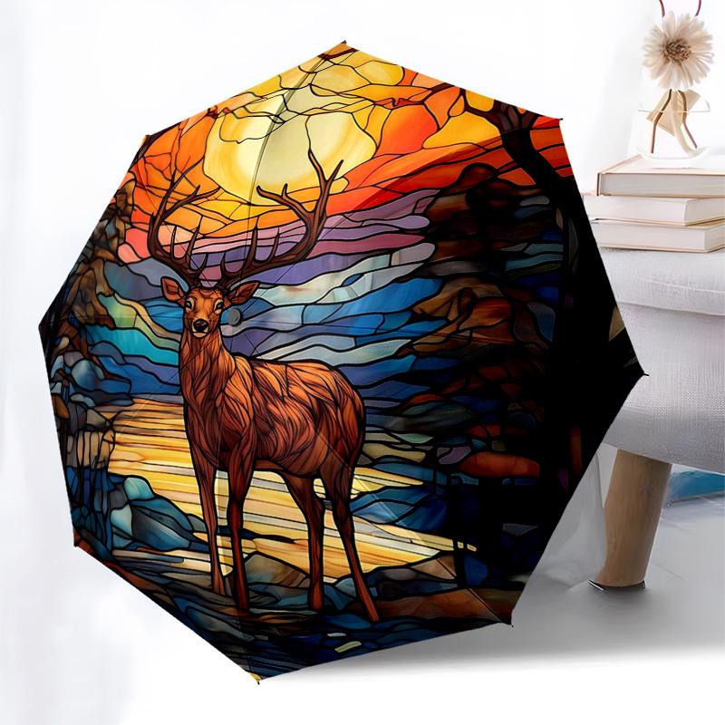 

1pc Stained Glass Deer Scene Automatic Folding Umbrella - Portable 3-Fold Design with 8-Bone Iron Frame, Outdoor, Ideal Gift for Fans, Travelers, Dail