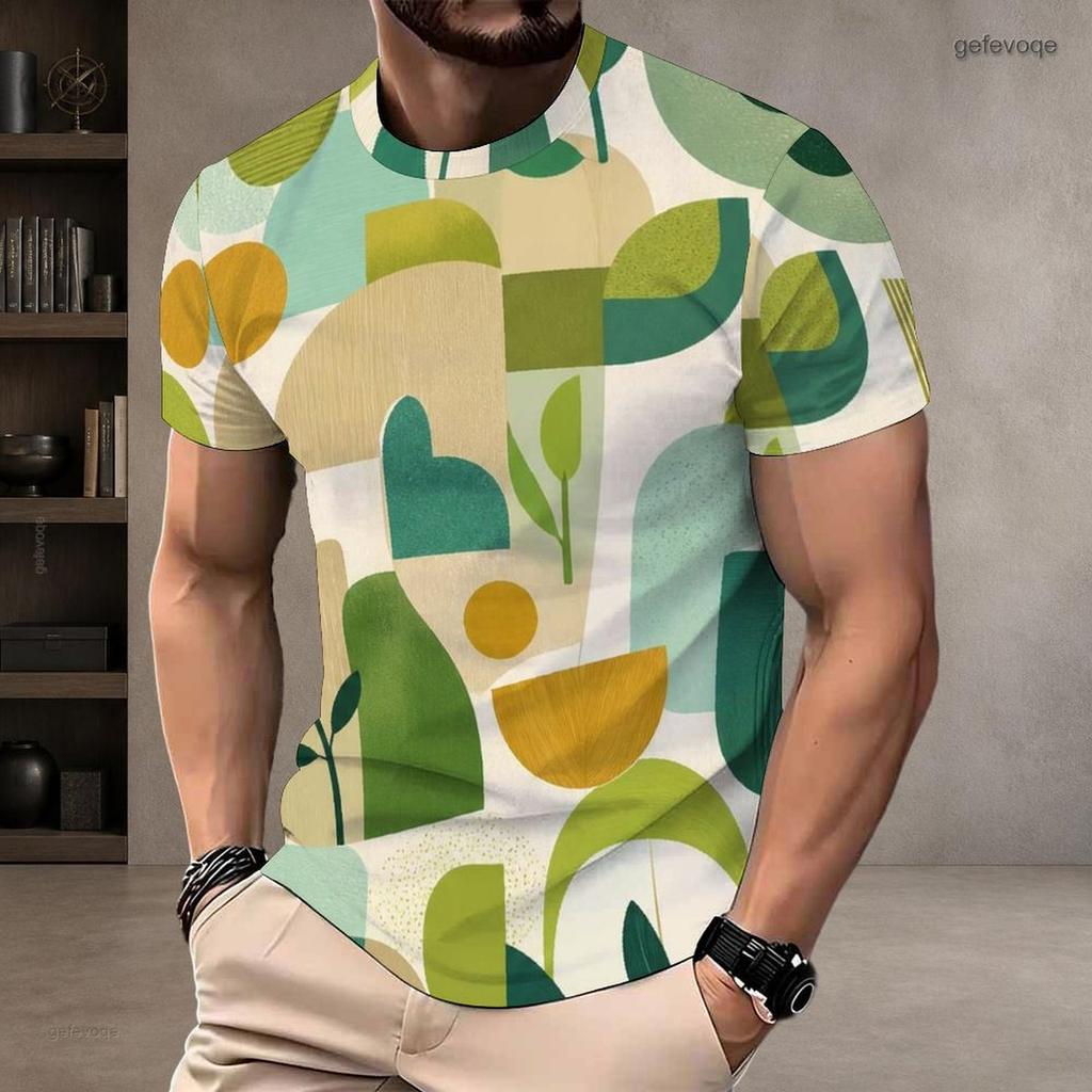 Men Plus Size Round Neck Short Sleeve T Shirt Abstract Geometric Printed Multicolor Casual Pullover