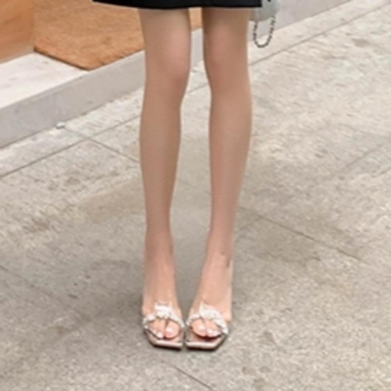 Women's Thick Heel Sandals Summer New Square Head Open Toe Crystal Transparent Strap Anti-slip Wear-resistant High Heels