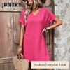 JPNTKY Fashion Summer Spring Solid Color Print Short Sleeve V-Neck Casual Dresses