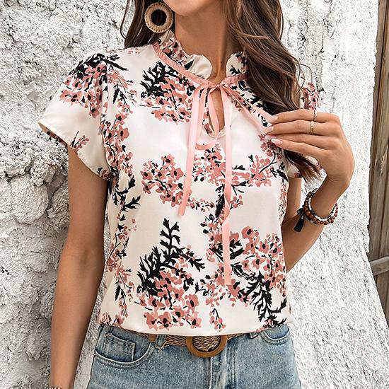 European and American Spring and Summer Flower Print Lace Up Short Sleeved Shirt Casual Shirt Fashionable Women's Clothing