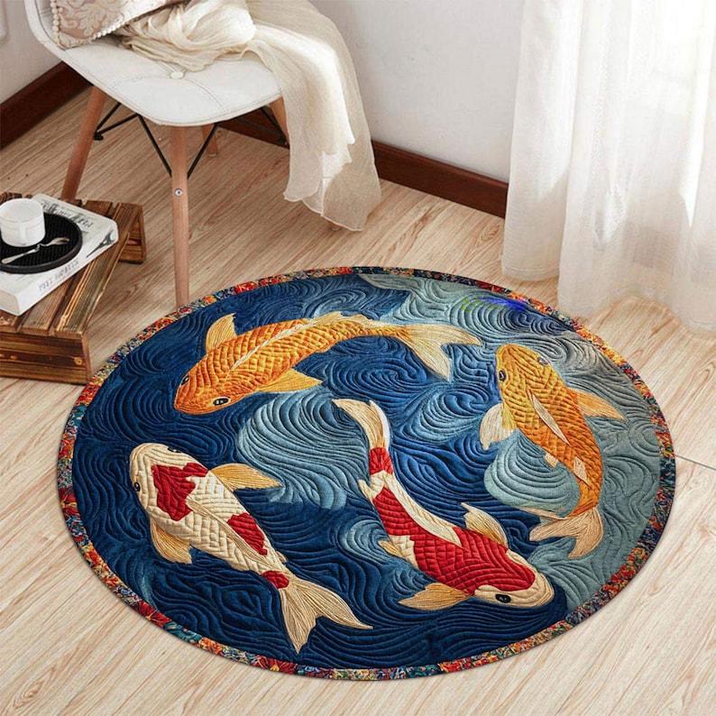 Japanese Koi Fish Round Rug, Water Wave Flannel Carpet, Zen Home Decor with Koi Pattern, Meditation Area Floor Mat
