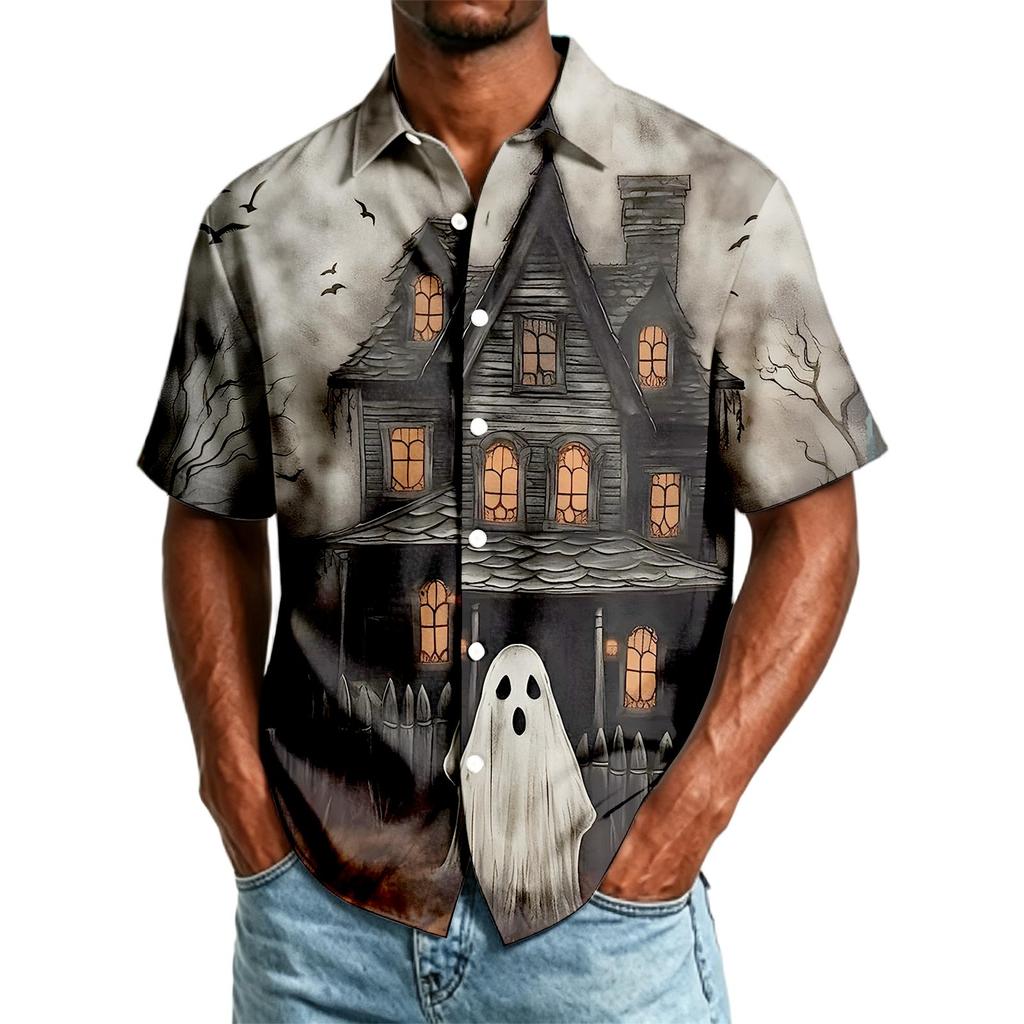 Men's Casual Short Sleeve Button Down Shirt Halloween Themed Printed Top Lightweight Breathable Fabric Relaxed Fit