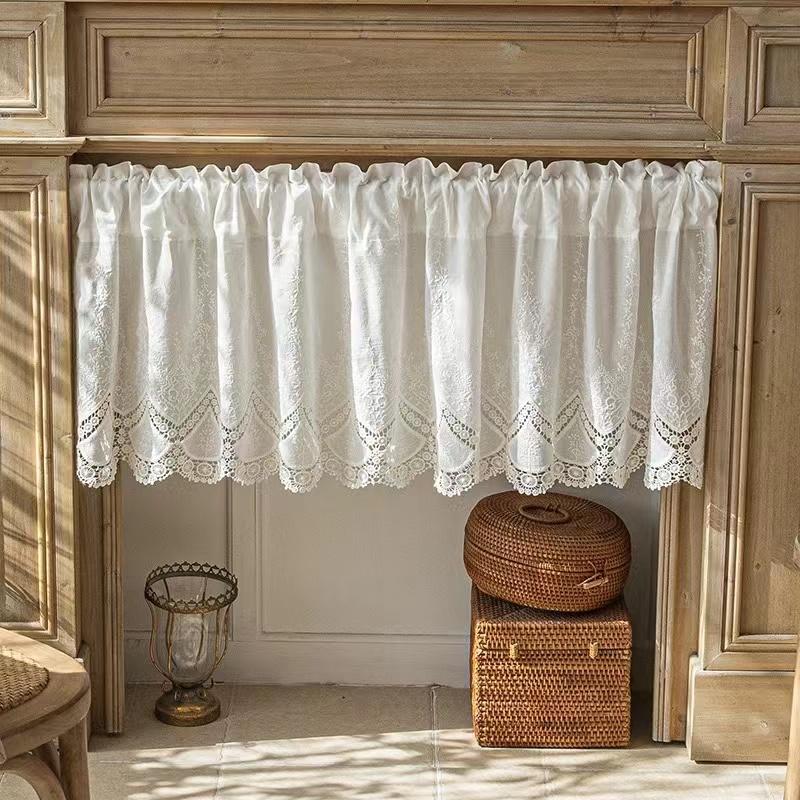 100% Cotton Hollow Flowers Short Curtains Living Room Korean Gream Lace Cloth Half Curtains for Kitchen Bookshelf Dust Curtain