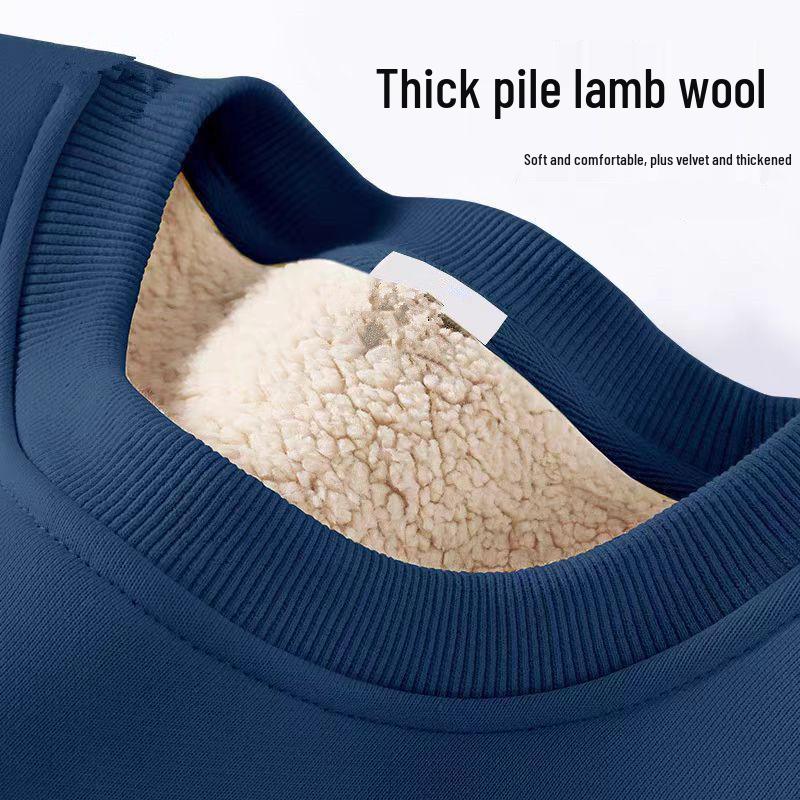 Men's 2024 Winter Thick Lambswool Hoodie - Round Neck, Solid Color, Long Sleeve, Velvet-Enhanced Warm Fleece.