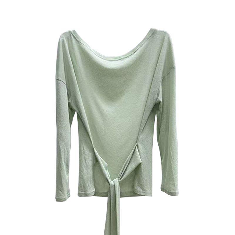 

High-Grade Slightly Transparent Strap Sloping Shoulder Long sleeves Shirt Sun Protection Cover up Women Summer Idle Style Loose off-Shoulder Top Tide Green XL