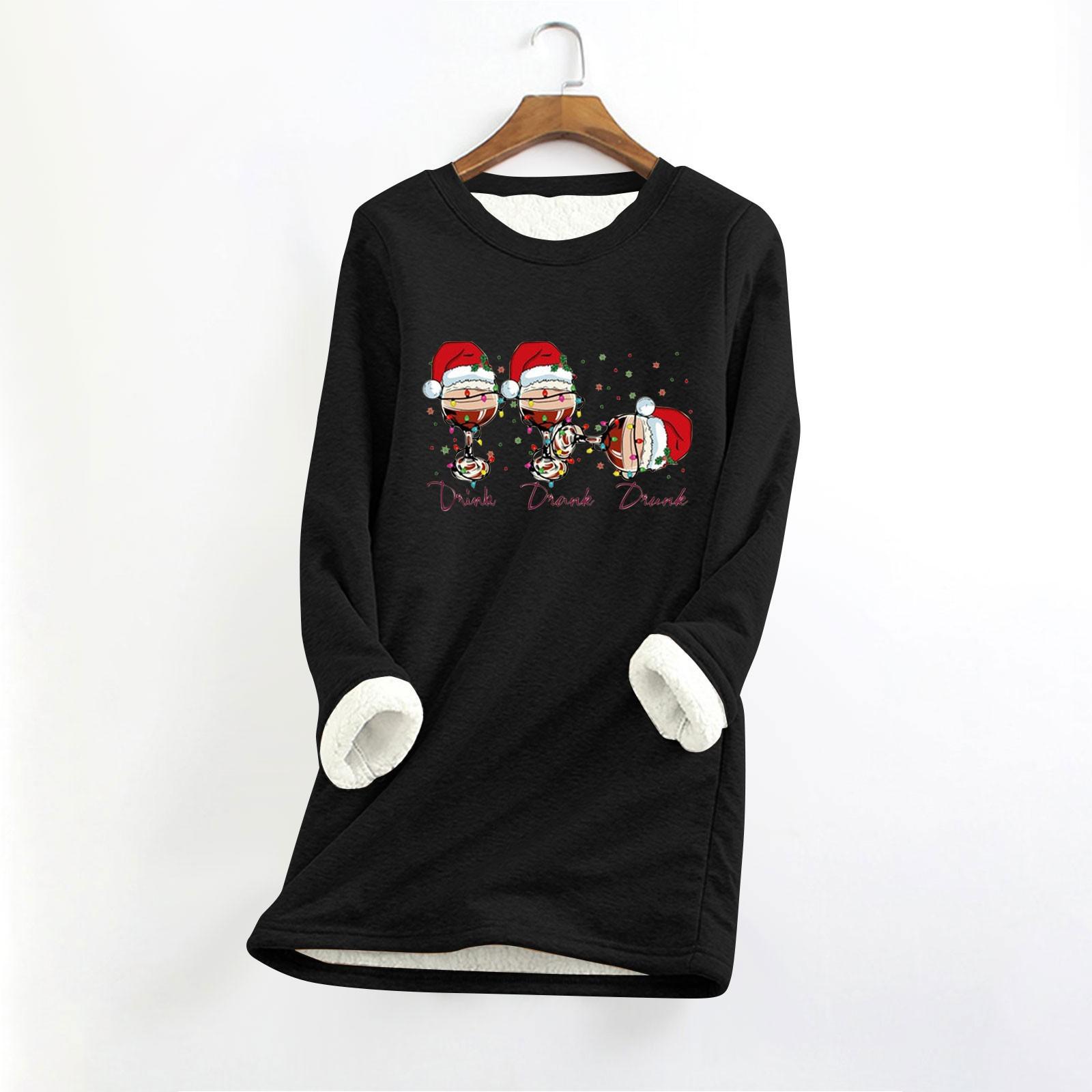 

Женский круглый вырез с длинным рукавом и рождественским принтом, утолщенный плюшевый кашемировый теплый длинный топ S чёрный