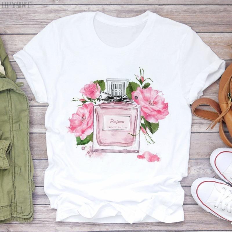 Watercolor Floral Hot Air Balloon Perfume Bottle Print Womens TShirt Casual Short Sleeve Top For Fashion Art Enthusiasts