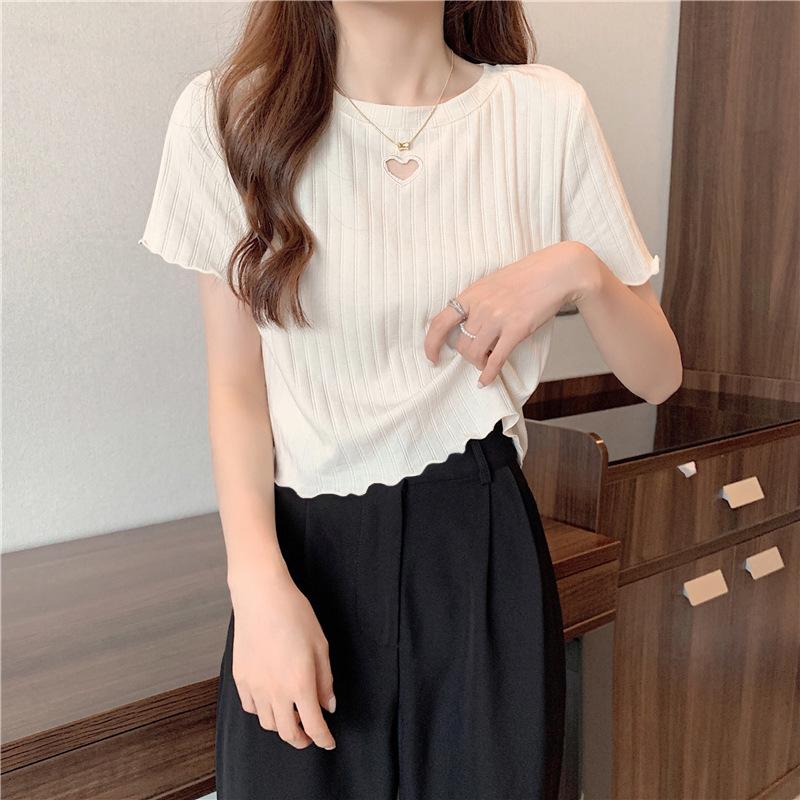Short Sleeved T-shirt for Women's Summer Short Design with A Sense of Niche Embroidery Hollowed Out Heart, Wooden Ear Edge Top