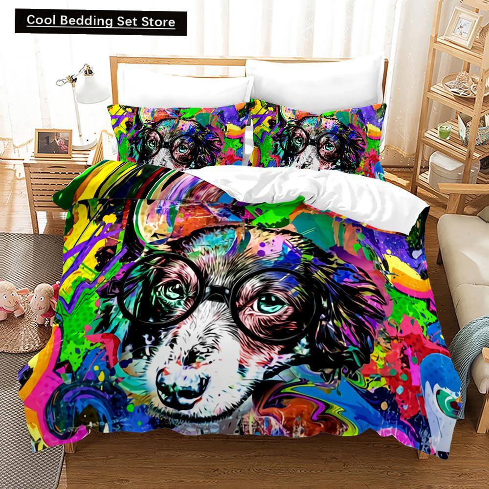 Cartoon Dog King Queen Duvet Cover Lovely Illustrated Pet Puppy bedding set  Animal Quilt Cover 2/3pcs Polyester Comforter Cover
