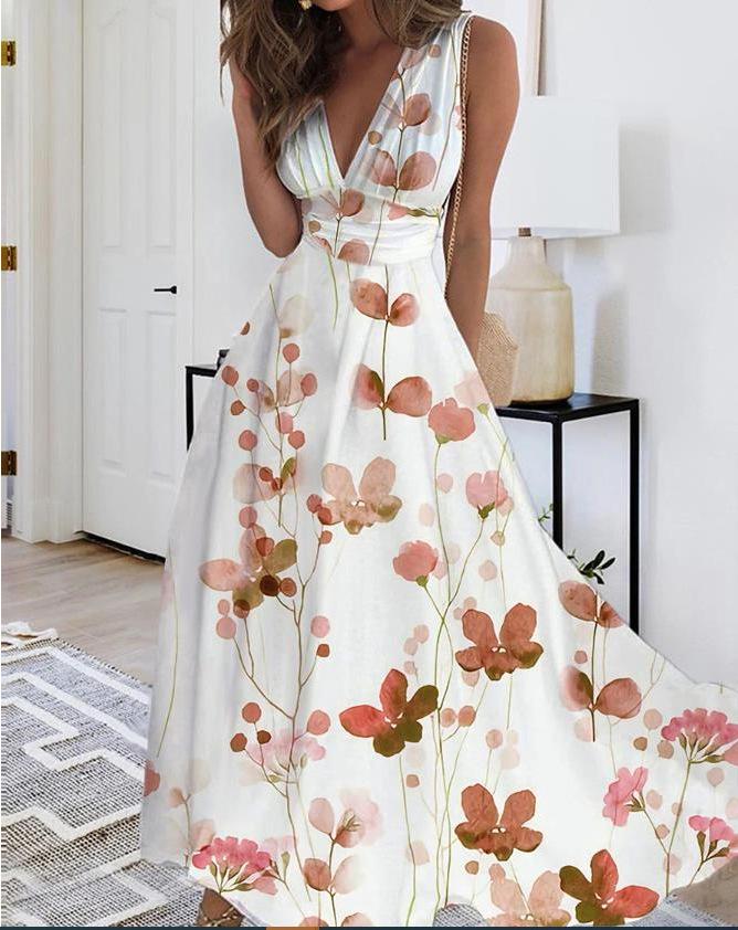 2023 Women's Summer V-Neck High Waist Sleeveless Printed Dress