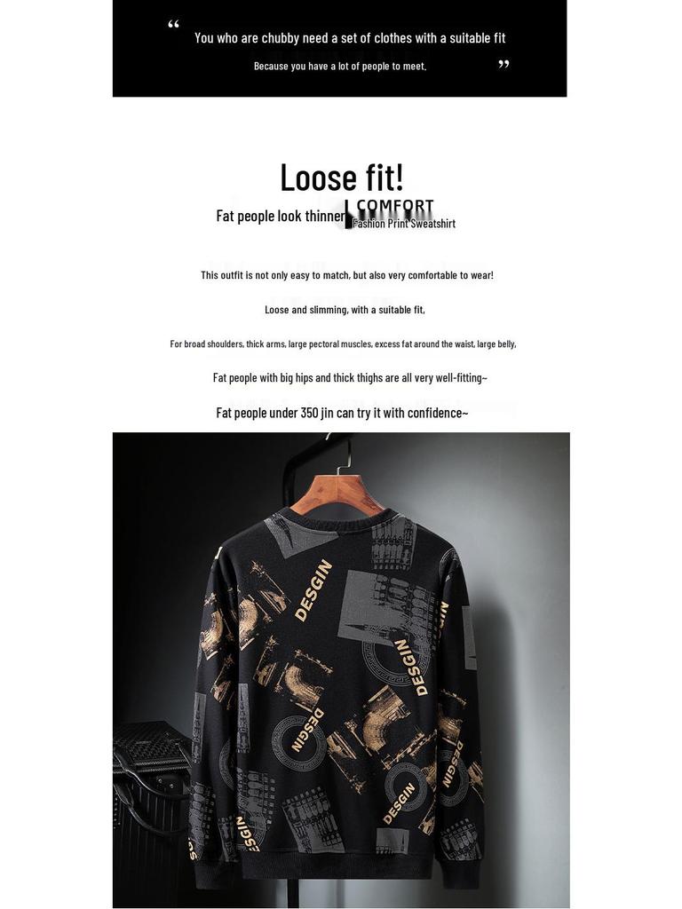 Plus Size Men's Crew Neck Sweatshirt - Loose Fit, Trendy Print for Spring & Autumn
