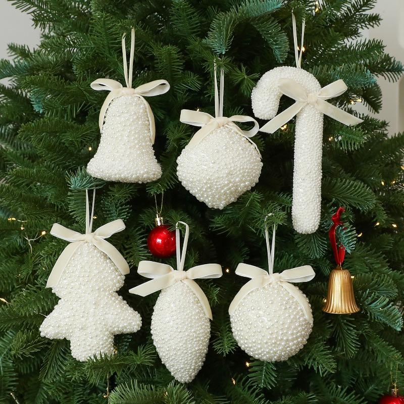4PCS Christmas Ornament Pendant Foam Base Plastic Pearl Christmas Ornament Off White Multi Shape Pearl Bow Hanging Decor
