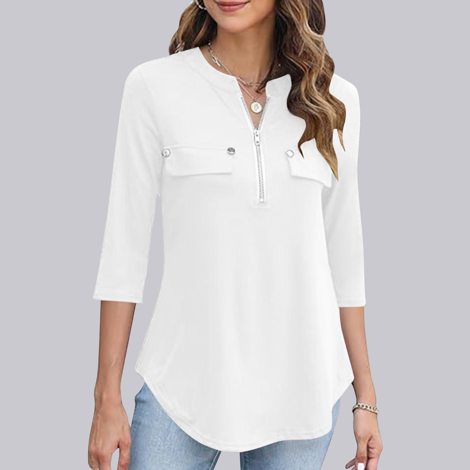 

Повседневная однотонная женская футболка с несколькими карманами на молнии и рукавом 3/4 XL