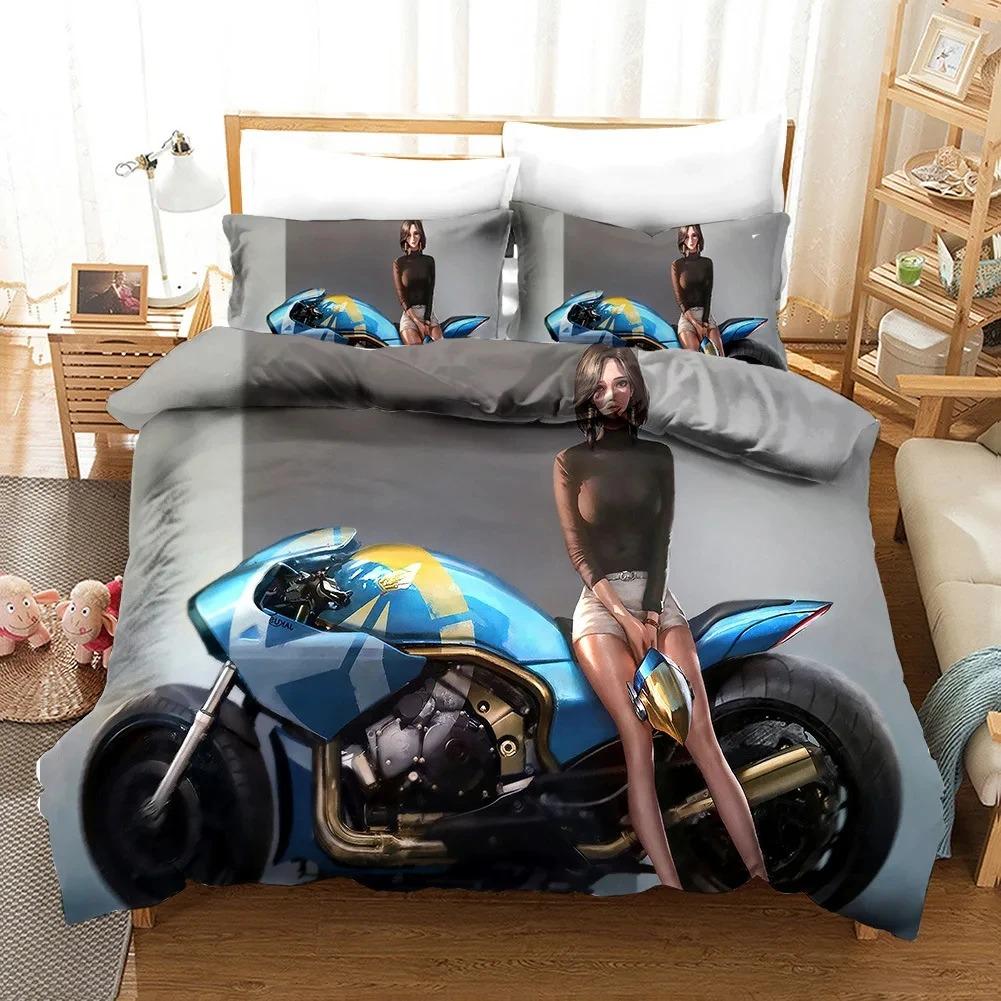 Sexy Girl Motocross Duvet Cover Extreme Sports Theme Bedding Set For Boys Teens Man Microfiber 3D Beauty Queen King Quilt Cover