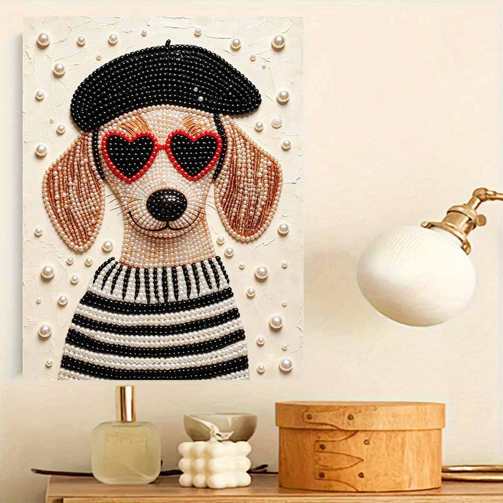 Kreatives DIY-Perlenkunst-Set mit Rahmen im stilvollen französischen Hundemuster, glitzernde Perlenleinwand, fertig zum Aufhängen, entspannendes Geschenk für Erwachsene