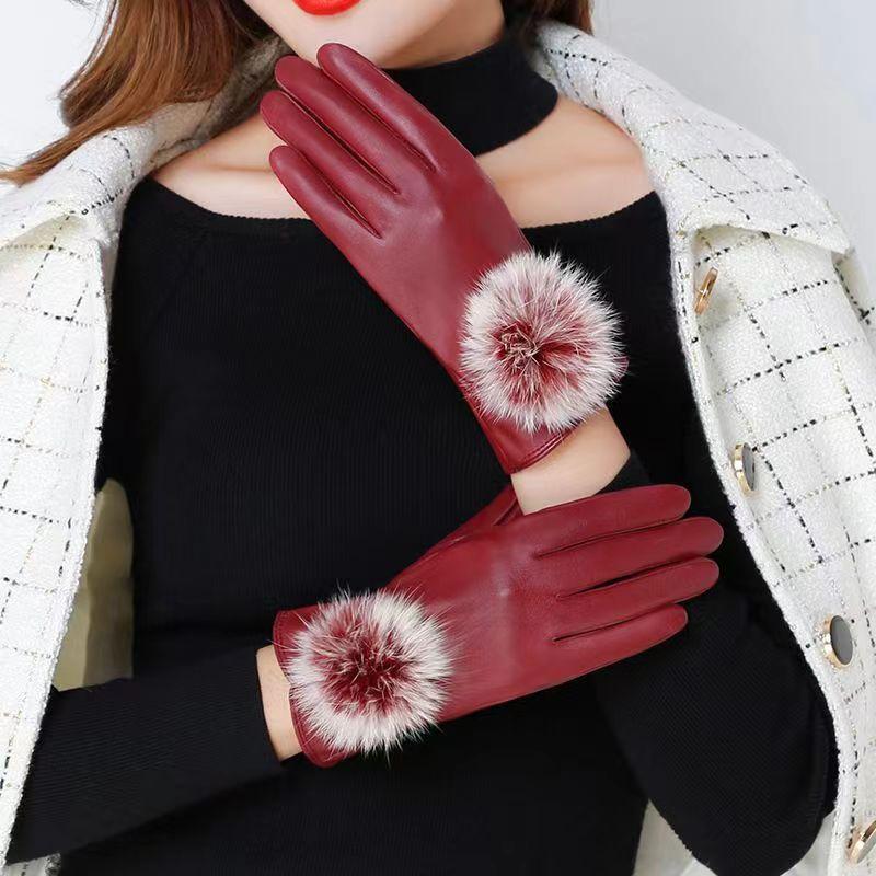 Winter Damen Schaffell Wärme Handschuhe Plus Samt Kurz Dünn Bildschirm Autofahren Weiblich Farbe Lederhandschuhe
