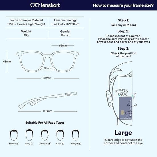 LENSKART BLU | Zero Power Blue Cut Computer Glasses | Anti Glare| UV Protection Specs | Men & Women | Large | LB E13740