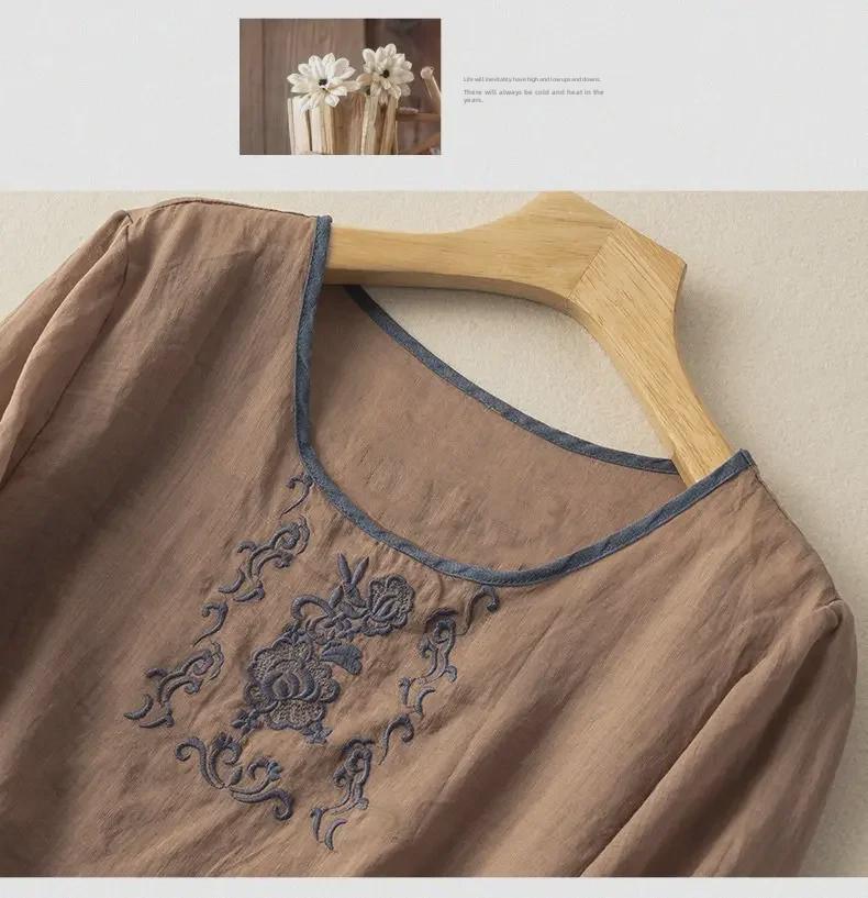 2024 Chinese Style Embroidered Three-Quarter Sleeve Cotton-Linen Pullover
