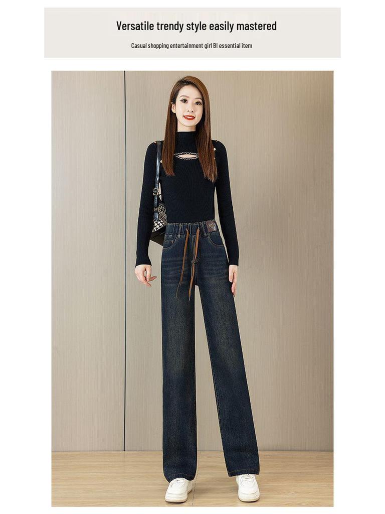 Women's Fleece-Lined Denim Wide-Leg Pants - Elastic Waist, Thickened Slimming Style for 2025 Autumn/Winter