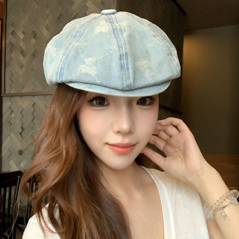 Washed retro bear cowboy beret women's spring and autumn versatile octagonal hat big head circumference showing face small hat