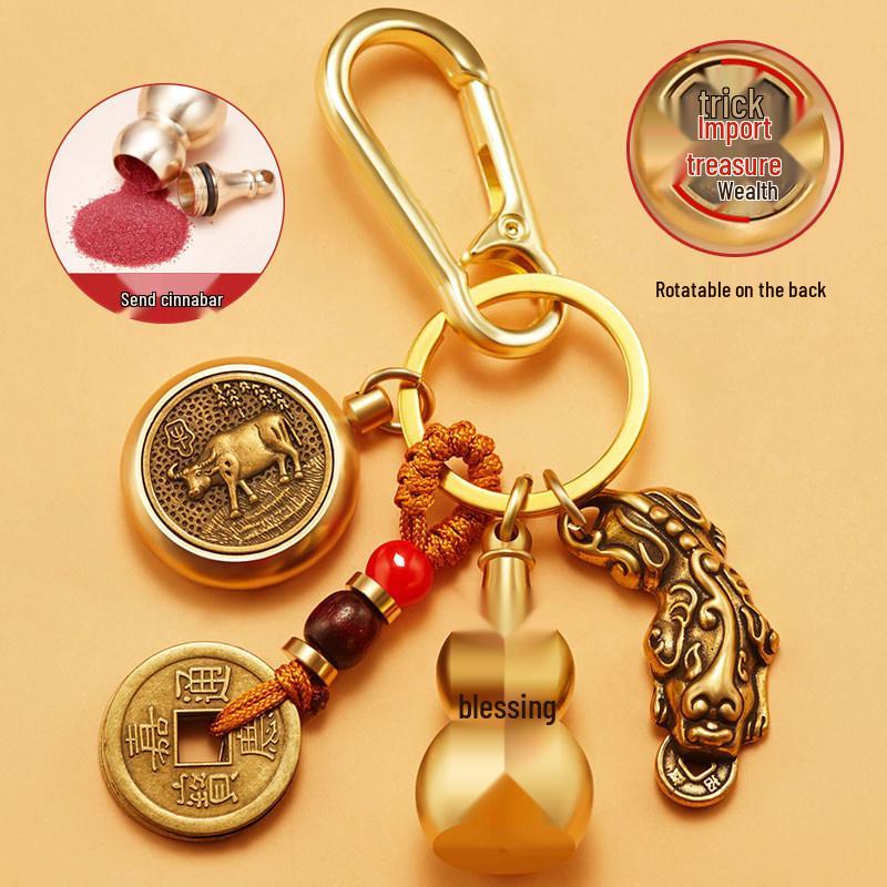Pixiu Guardian Brass Pendant: Five Emperors Coins & Zodiac Buddha Keychain for Wealth & Protection