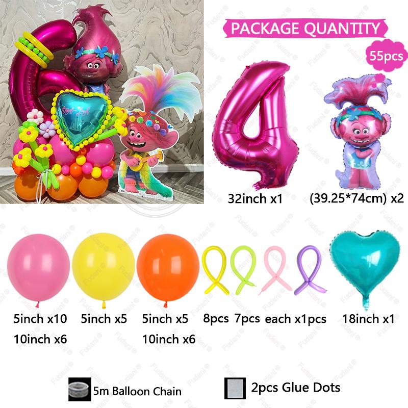 55pcs Troll Foil Helium Balloons Kit Birthday Magic Hair Theme Party Decorat Baby Shower Kids Toys Supplies Air Globlos Balloon