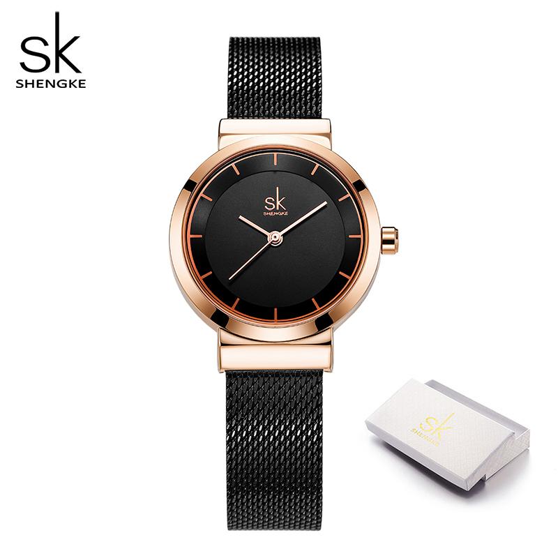 

Shengke Элитный Бренд Платье Золотые Часы Женские Элегантные Кварцевые Наручные Часы С Бриллиантами Для Женщин Стальные Сетчатые Часы чёрный