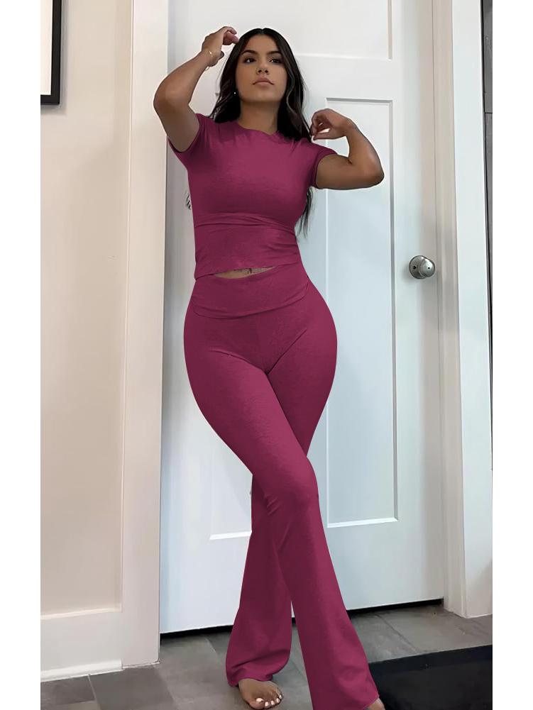 Women's Casual Workout Two-piece Set - Round Neck T-shirt & Low-waisted Flared Pants