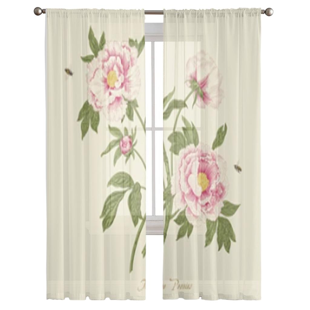 Vintage Peonies Sheer Curtains Transparent Voile Tulle Drapes For Living Room Bedroom Window Floral Home Decor