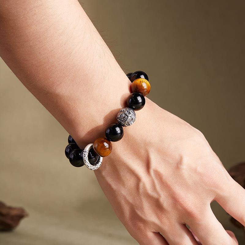 Min Yue S925 Sterlingsilber Sicherheitsverschluss Herren Obsidian & Goldener Tigerauge Perlen Retro Armband - Hochwertiges Geschenk für Freund