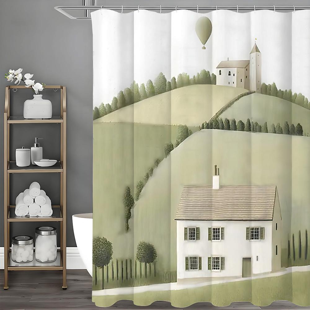 Green Lawn Tree House Shower Curtain, Bathroom Decorative Shower Curtain, Waterproof Shower Curtain with Hooks