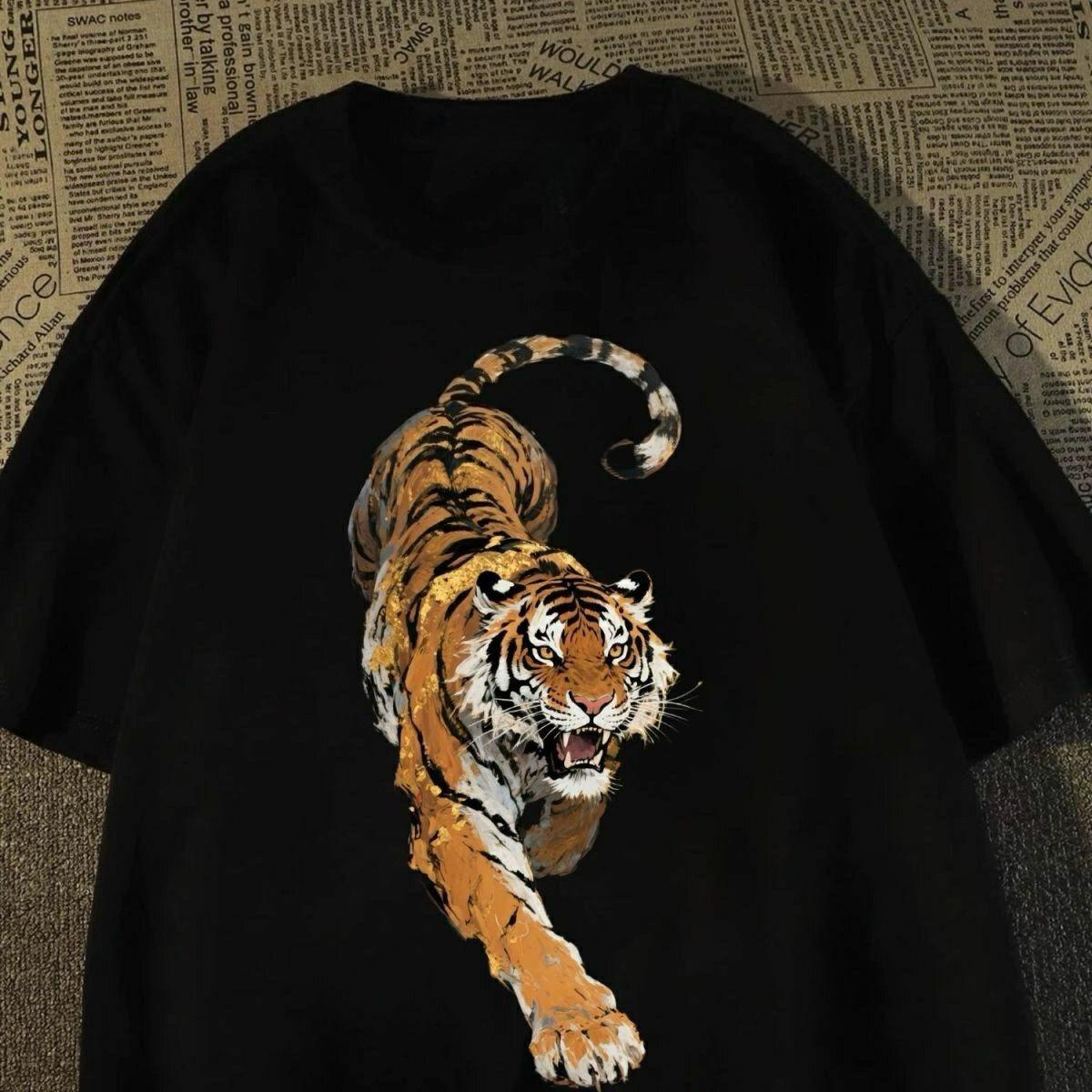 

2025 New Summer Men s Cotton Short-sleeved T-shirt Tiger Printing Trend Fashion Domineering Versatile Crew Neck Breathable Top 4XL