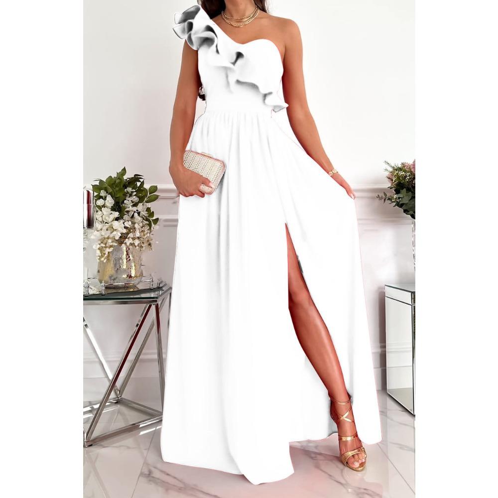 Women's One Shoulder Ruffle Maxi Dress A-Line High Waist Side Slit Solid Formal Evening Party Long Dress