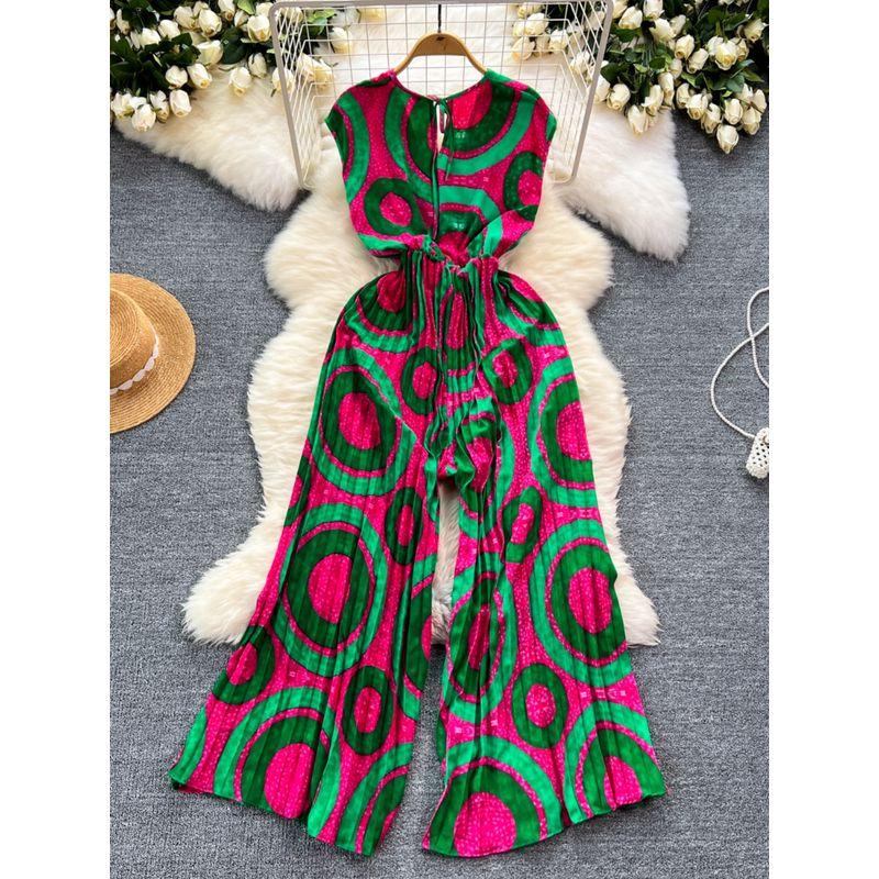 Holiday Ins Wear Women's Fashion Fancy Sleeveless V-neck Lace Up Waist Trimming Printing Loose Wide Leg Pleated Jumpsuit