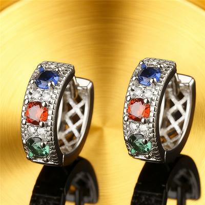 Cute Female Rainbow Zircon Stone Hoop Earrings Vintage Fashion Silver Color Wedding For Women