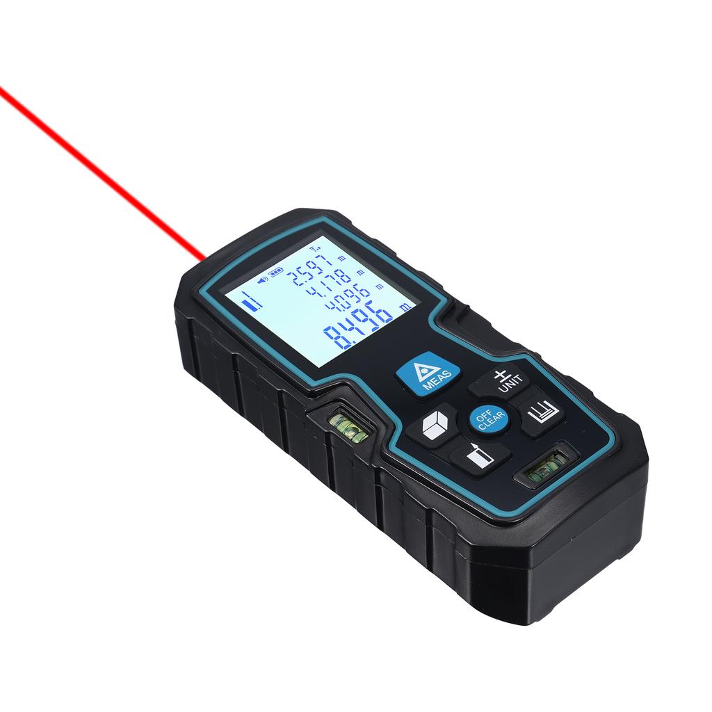Handheld Measure Rangefinder Double Bubble Infrared Distance Meter Backlit LCD Screen Continuous Distance Area Volume Pythagorean Measurement