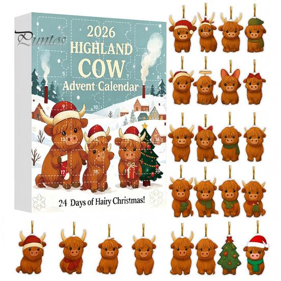 Holiday Hanging Ornaments Highland Cow Christmas Advent Calendar with 24 Acrylic Ornaments, Festive Countdown Box for Tree Decor And Seasonal