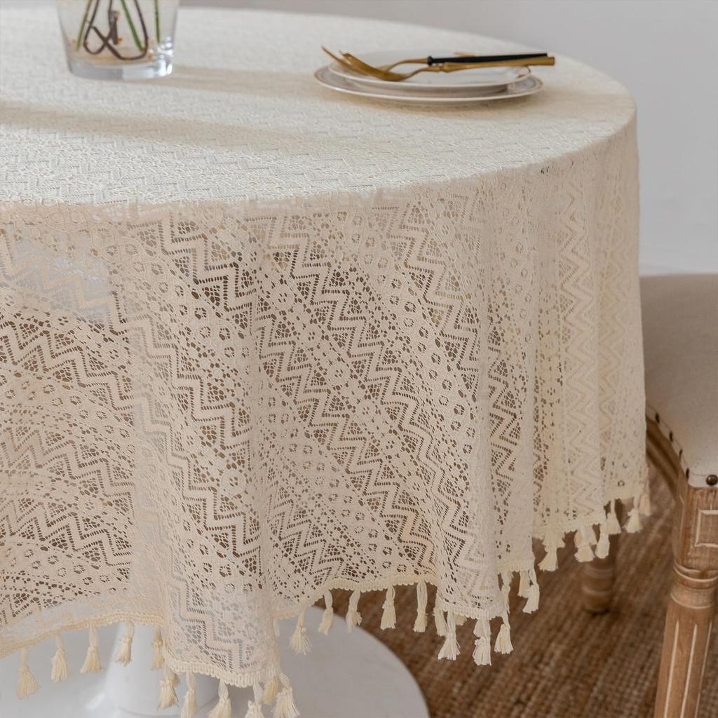 Embroidery Lace Tablecloth,Boho Round Tablecloth with Tassels Farmhouse Table Cover for Wedding Banquet Party Dining Table Decor