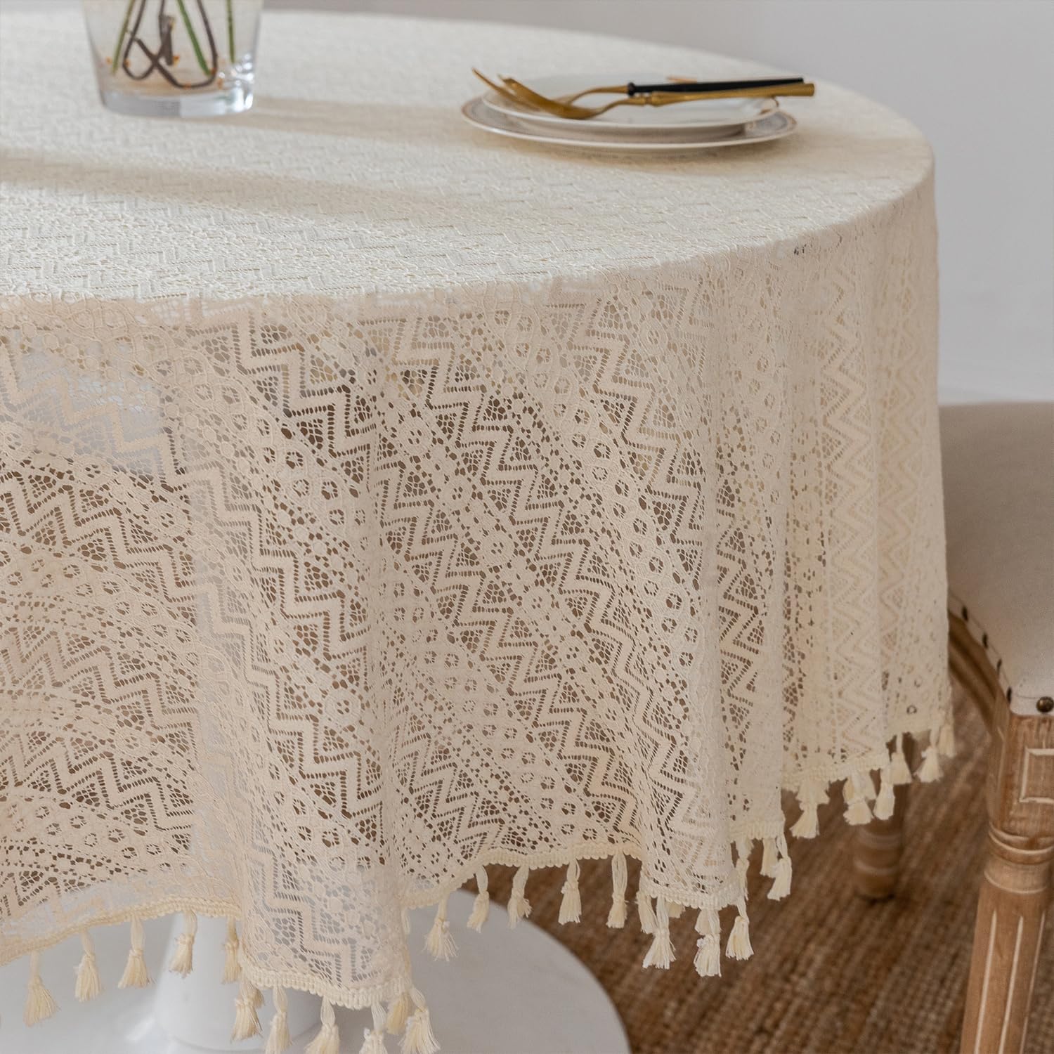 

Embroidery Lace Tablecloth,Boho Round Tablecloth with Tassels Farmhouse Table Cover for Wedding Banquet Party Dining Table Decor Diameter 90cm бежевий