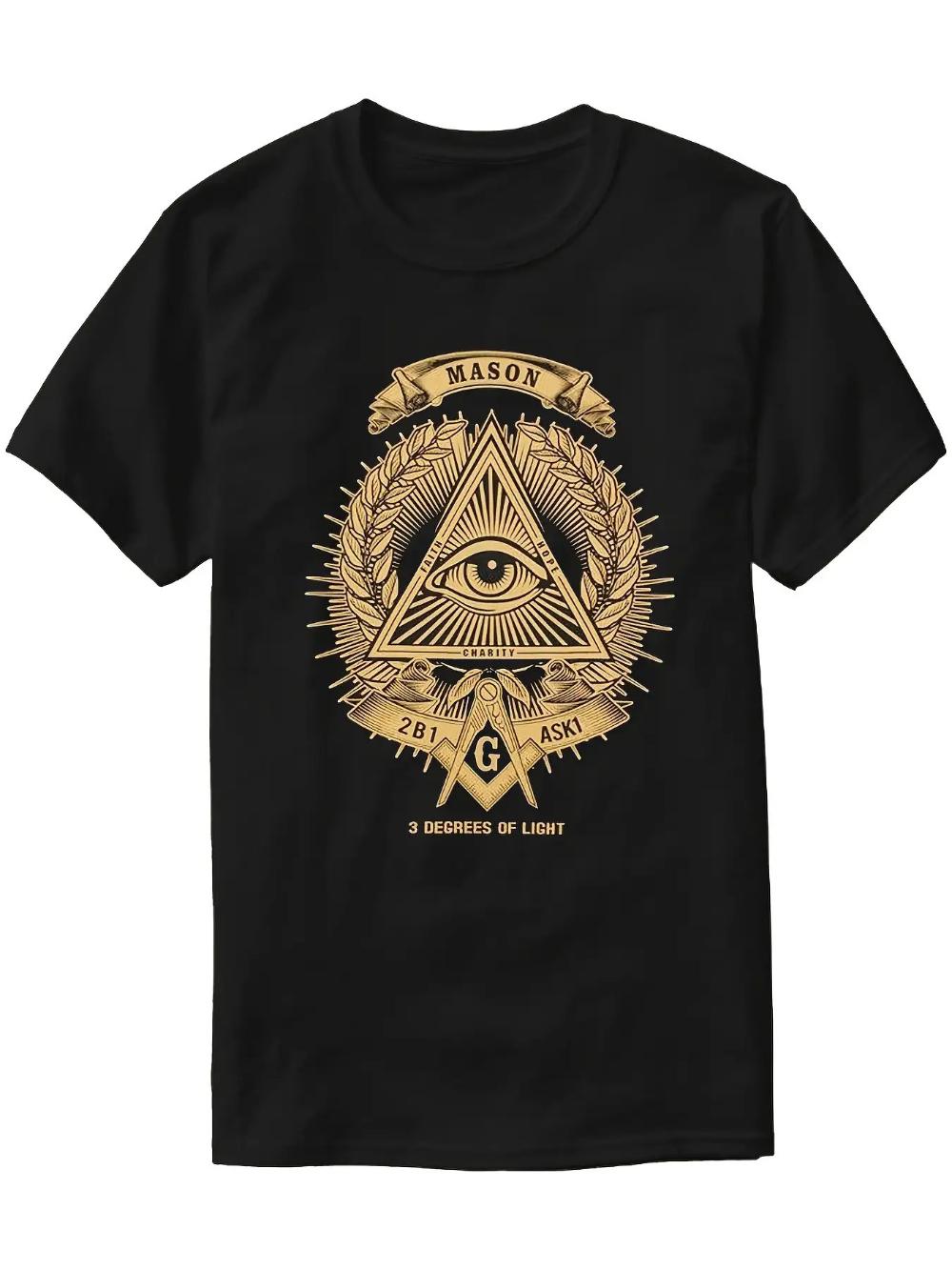 Винтажная футболка масона для унисекс, плотный хлопок 180 г/м², оверсайз, с круглым вырезом, черная с золотым масонским символом 3XL
