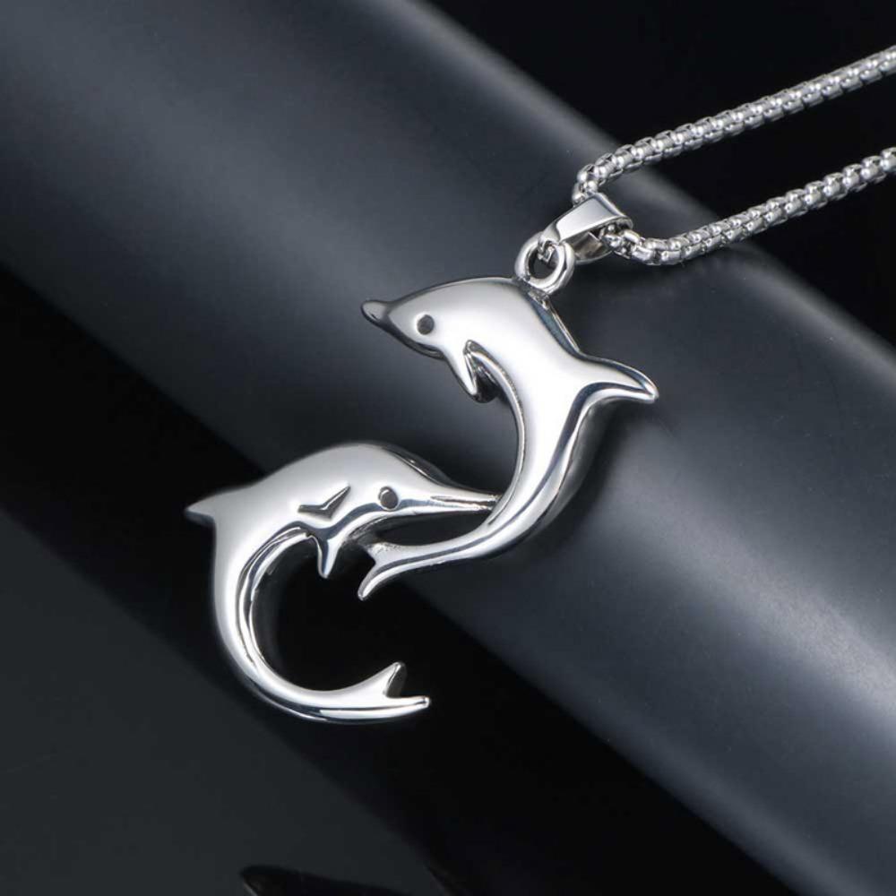 JMXD Minimalist Playful Dolphin Titanium Steel Necklace Pendant, Unisex Cute Animal Jewelry, Perfect Gift