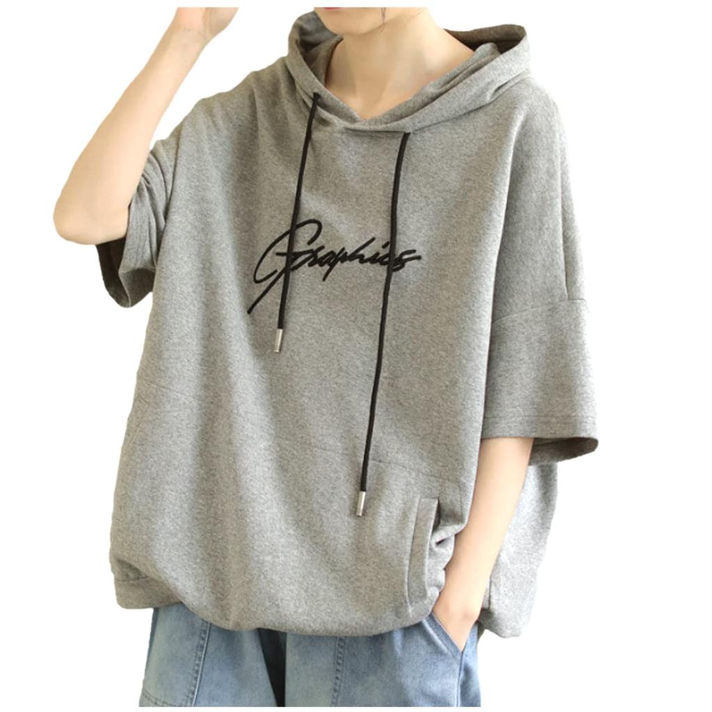 Summer Short Sleeve Logo Loose M L [One Ambu] Women's Hoodie, Top, T-Shirt, Fit, - XL, Gray,