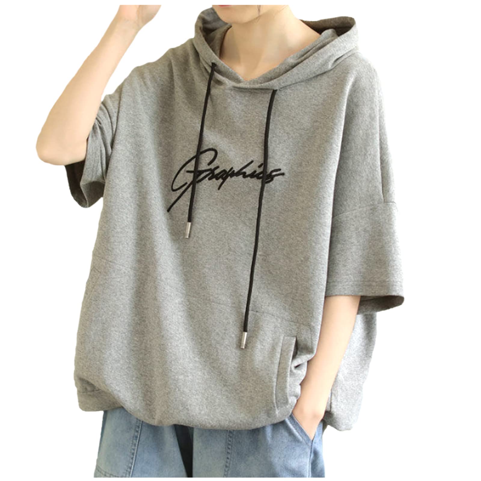 

Летняя толстовка с коротким рукавом, с логотипом, свободного кроя, M L [One Ambu], женская, топ, футболка, посадка, - XL, серый, серый