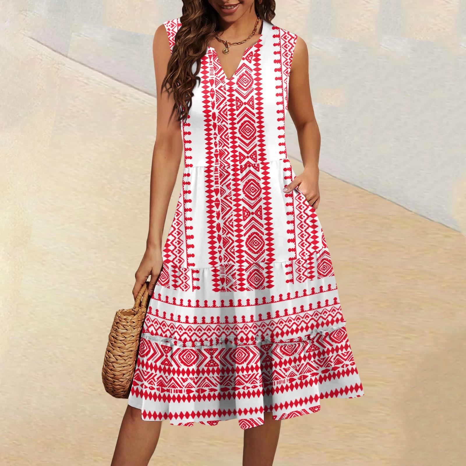 

Женские летние повседневные плиссированные винтажные платья без рукавов с V-образным вырезом и оборками XL арбуз красный