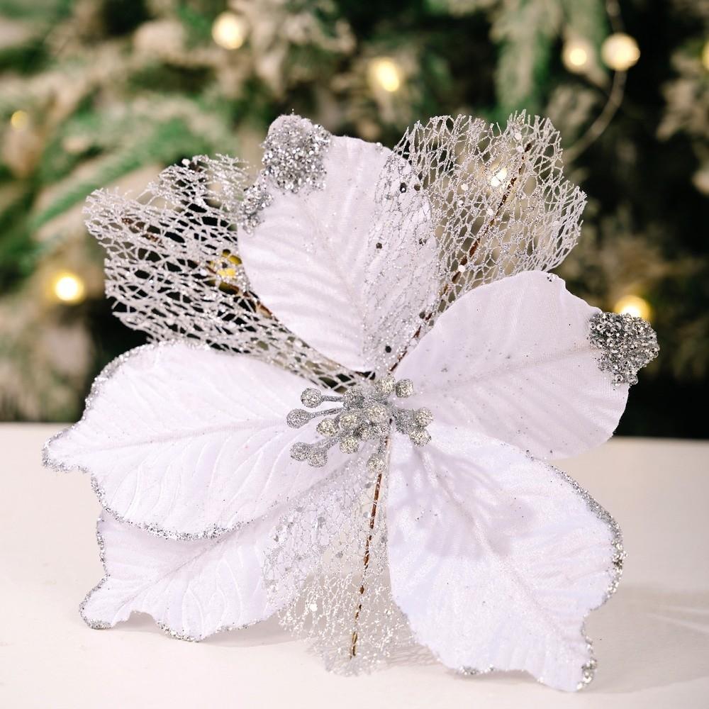 

New 26CM Artificial Poinsettia Flower Sequins Sparkling Simulation Flowers Glitter Christmas Glitter Flower New Year Festival білий