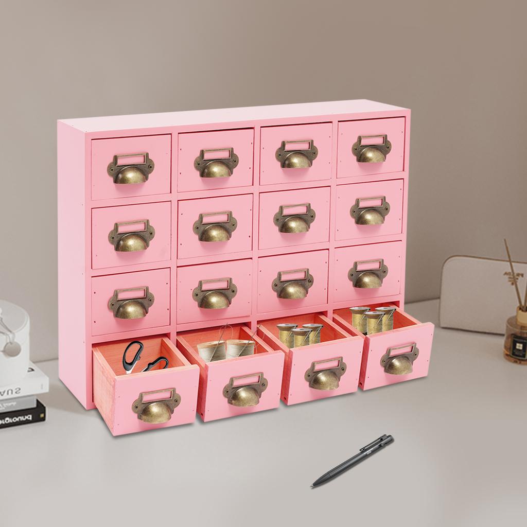 16-Compartment Drawer Storage Cabinet – Vintage Pink Solid Wood Desktop Organizer – 22 lbs Load Capacity