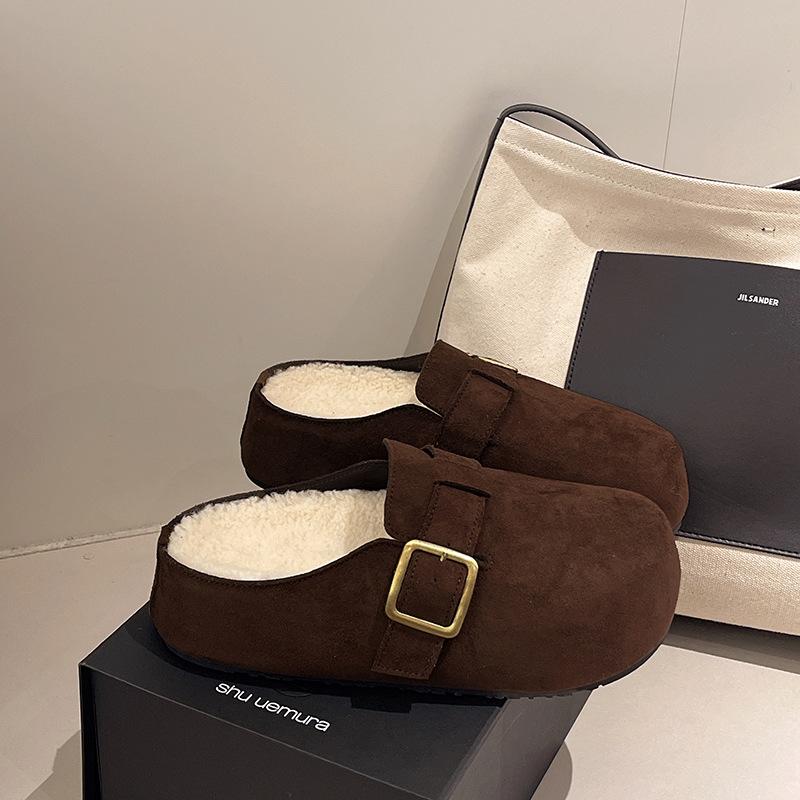 One Pedal Retro Ugly and Cute Soft-soled Velvet Boken Shoes To Wear Outside 2025 Autumn and Winter New Velvet Warm Bag Head Slippers
