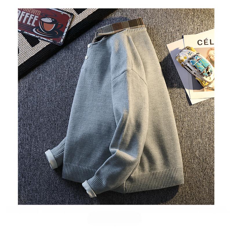 Men's Spring Autumn Pullover Lapel Fake Two-piece Knitted Sweater Base Shirt Casual Lapel Sweatshirt